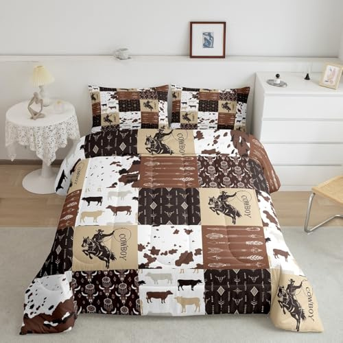 Feelyou Wild West Cowboy Comforter Set for Kids Boys Girls Western Decor Comforter Toddler Size Rodeo Cowboy Horse Bedding Set Bedroom Decor Cowhide Duvet Set Farmhouse Quilt Set 2Pcs