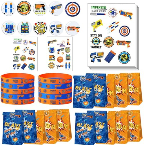 Augweyang 170 Pcs Dart War Party Gifts Supplies Dart Gun Themed Goodie Gift Bags, Silicone Wristbands, Temporary Tattoos, Stickers and Badges for Dart War Birthday Decorations