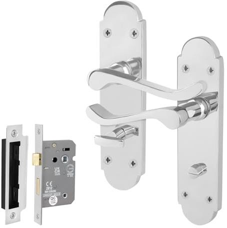 EAI Polished Chrome Door Handles with Bathroom Lock 64mm - Victorian Scroll | Complete Bathroom Kit with 1 Pair of Victorian Scroll Lever on Backplate Door Handles, 64mm Bathroom Lock, Fixings Included