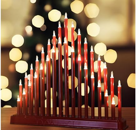 Trendi 33 Warm White LEDs Candles Bridge |Main Powered Plastic Pipe Tube Tower| Holiday Indoor Festive for Christmas | Modern Faux Xmas Decoration for Window Sill, Table (Red 33 LED Candle Bridge)