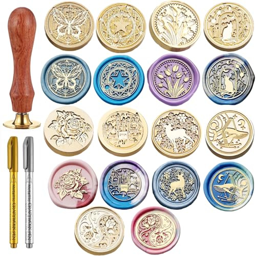 Wachssiegel-Stempel-Set, 9-teilig, Siegelwachsstempelköpfe mit Holzgriff, verschiedene Muster für Hochzeit, Brief, Verkapselung, Grußkarten, Geschenke, Dekoration