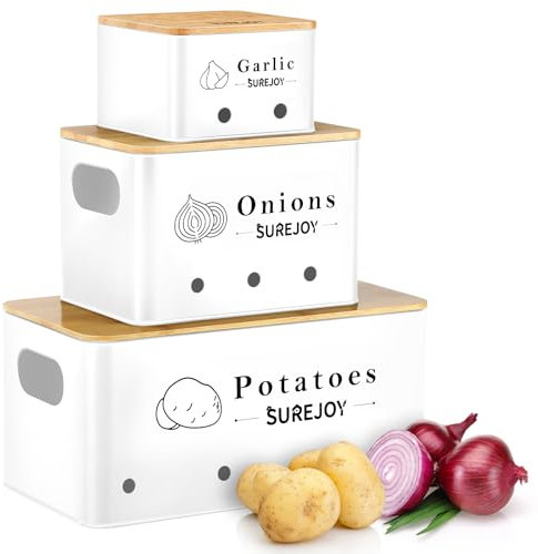 Surejoy Kartoffel Aufbewahrungsbox 3er Set, Vorratsdosen für Zwiebel Knoblauch Aufbewahrung, Hält Gemüse Länger Frisch, Küche Organizer Knoblauchtopf Kartoffelbox Zwiebeldose Behälter(Weiß)