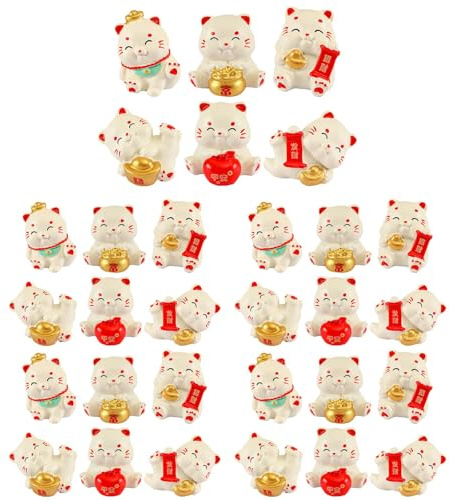 LOGOFUN 30pcs Miniature Lucky Cat Figurines Mini Fortunate Figure Small Resin Cat Animal Statues for Chinese New Year Home Office Tabletop Decorations