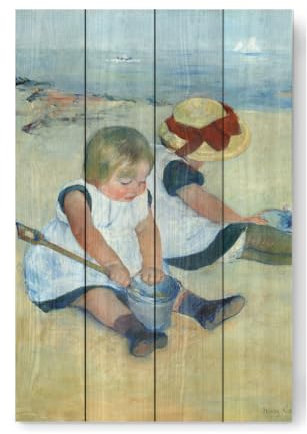 artboxONE Holzbild 45x30 cm Für Kinder Kinder Spielen am Strand von Künstler Mango Art