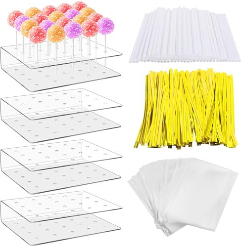 Prebarfun 3 soportes para cake pop con 100 palos, 20 agujeros, soporte para piruletas, soporte para cake pop con bolsas de celofán, palitos de piruleta, corbatas metálicas para Navidad, bodas,