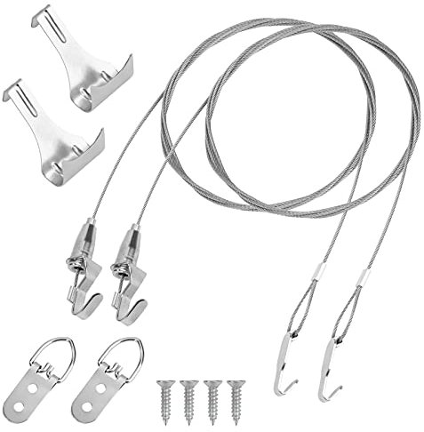Lot de 2 Kit Accrochage de Cadre Photo, Fil Suspension Réglable en Acier Inoxydable 2m avec Crochet Réglable et Crochet de Moulure pour Photo Lumière Miroir (Chargé Max de 40KG)