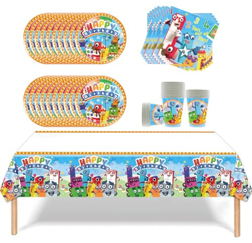 Fuwraixis 61 pezzi Stoviglie con blocchi da costruzione digitali Stoviglie per feste per bambini Set di stoviglie per feste di compleanno Tovaglioli, tovaglie, piatti e bicchieri di carta 20 persone