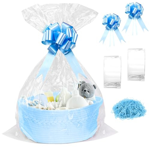 SelfTek Geschenkkorb Leer Groß - Geschenkkorb Set mit Präsentkorb Leer Geschenkfolie Transparent, Füllmaterial, Geschenkschleifen, 33cmx24cmx15cm Präsentkorb Leer für Weihnachten Halloween (Blau)
