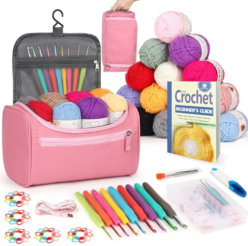 Reessy Kit per uncinetto, 88 pezzi, kit per uncinetto per principianti e adulti, include istruzioni ergonomiche uncinetti 15 pezzi × 25 g sacchetto per riporre i filati e accessori per maglieria, kit