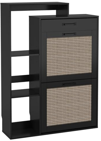 EORMM Schuhkipper Schmal Schwarz | 80x25x109 cm | Platzsparend Slim Rattan Schuhschrank Mit Schublade, Türen & 3 Verstellbaren Böden | für Große Schuhe bis Gr. 44 | Für Bauhaus Flur