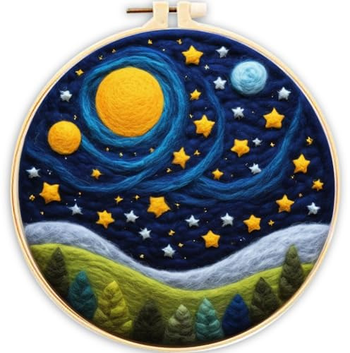 ABEUTY Nadelfilz-Sets Bild für Anfänger Erwachsene, Sternhafter Planeten Berge Bäume DIY Wollfilz-Malset mit Stickrahmen und Werkzeugen für die Heimdekoration (Mond)
