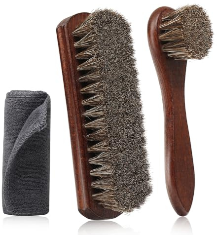 3pcs 100% Horse Hair Shoe Brush Kit Shoe Shine Kit Beech Wood Leather Care Set Suede Boot Cleaner Polish Applicator Dauber Buffing Cloth Soft Natural Bristles Men Gift Box for Boots Shoes Sneakers Car