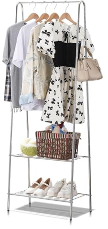 TAO ONE Edelstahl-Kleiderständer mit Regalen | Starker Kleiderorganizer für Schlafzimmer & Büro | Metall-Garderobe mit Schuhfach & Schraubmontage