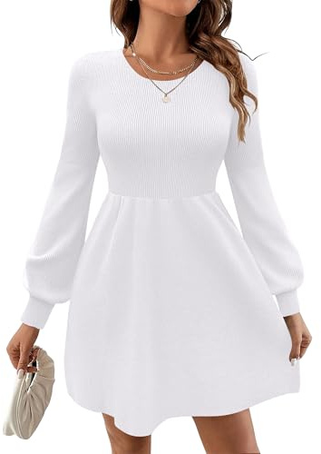 Zeagoo Abito Maglia Donna Girocollo Maniche Lunghe Elegante Vestito in Maglia con Maniche a Palloncino Vita Alta Linea A Minidress Bianco M