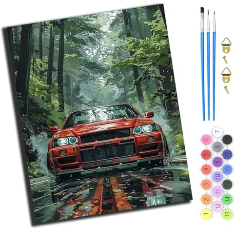 XIAOYOUQIAN Wald Rotes Auto Sportwagen,Malen Nach Zahlen Erwachsene,Diy Mit Pinseln Und Acrylfarben Handgemalt Ölgemälde Leinwand Für Home Decor,(40X50Cm),Ohne Rahmen