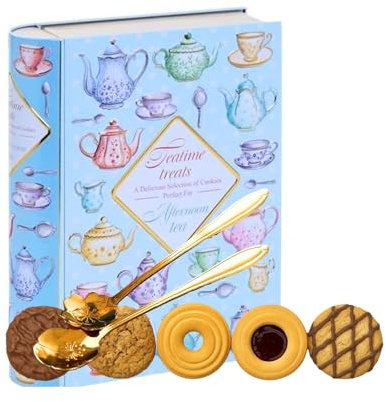 Teatime Treats Biscuits in a Tin with 2 x Gold Teaspoons for Tea - Luxury Cookie Selection Gift Set 260g - Reusable Closed Book Design Collectible