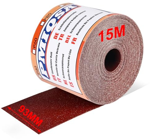PMIQSA Rollo de Papel de Lija 93mm x 15m Grano 120 | Papel De Lija De óXido De Aluminio Para Lijar Pulir Y Eliminar El óXido Para Lijadora Manual