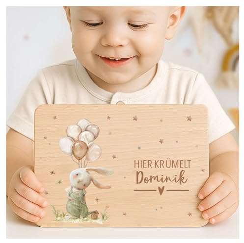 Little-Deco Bedrucktes Frühstücksbrettchen aus Holz, Hier Krümelt Brettchen personalisiert mit Wunschnamen, Individuelles Kinder Holzbrett mit Tieren, Lebensmittelecht XFL1021