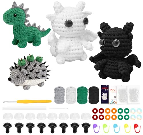 Exsink 4 Stück Häkelset für Anfänger, DIY Tiere Häkelset, Erwachsene Kinder Häkelnadel Set für Anfänger, Video-Tutorial einbeziehen, Anleitung, Weiches Garn und Zubehör