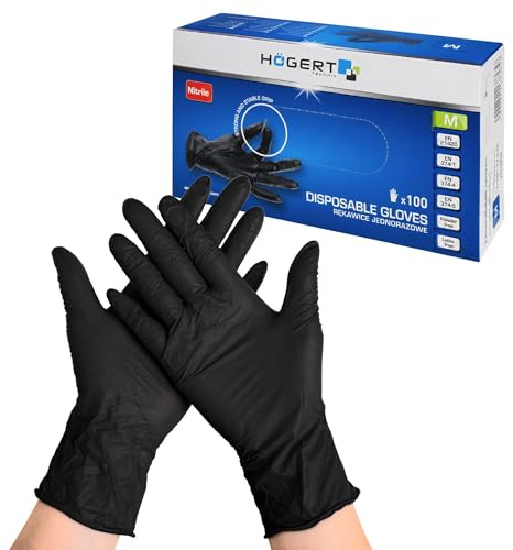Högert Technik Guantes desechables de nitrilo negro WENNE, sin polvo, resistentes a productos químicos tipo B, protección contra virus y bacterias, EN ISO 374, 100 unidades - Talla S