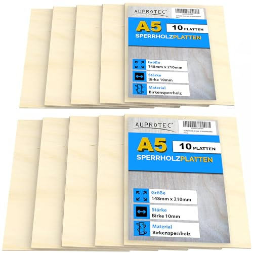 AUPROTEC 10x A5 Sperrholz-Platten Birke 10mm Multiplexplatten (148 mm x 210 mm) Bastel- und Laubsäge-Holzplatten Birke Massiv Multiplex Holz Industriequalität