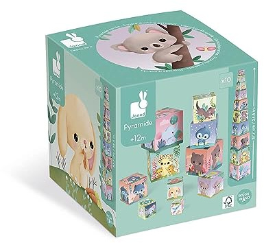 Janod - Animali Quadrati Piramidali - Gioco per L’Apprendimento e Prima Infanzia - Giocattolo di Impilamento e Incastro - Apprendimento di Numeri e Dimensioni - A Partire da 1 Anno, J02652