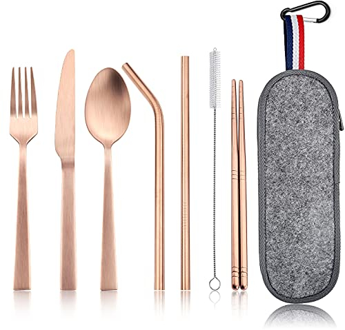 Homikit 8 Piece Camping Cutlery Set for 1, Stainless Steel Travel Utensils with Portable Case, Individual Silverware Set Includes Reusable Knife, Fork, Spoon, Straws and Chopsticks, Matte Rose Gold