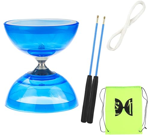 TopHomer Diabolo Freiläufer mit kugellager Dreifache Lagerung Jonglier-Set, 4 Farben Dreifach Gelagertes Diabolo mit Ersatzschnur 10m, Profi-Stange, Netzbeutel, Blau