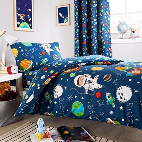 Olivia Rocco Space Duvet Cover Set Kids Childrens Rockets Space Planets Stars Moon Blue Grey Soft Easy Care Duvet Cover Quilt Bedding Set With Pillowcase (Single Duvet Cover Set)