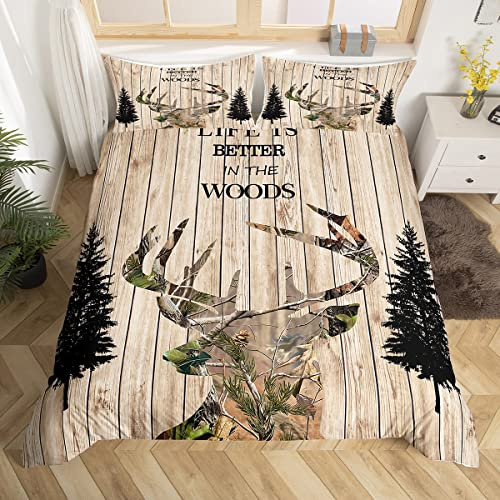 Loussiesd Hirsch Silhouette Bettbezug 155x220 Hirschgeweih Bettwäsche Teenager Mädchen Rustikales Holzbrett Bettwäsche fürs Bett bettdecke Jugendzimmer Bauernhaus Schlafzimmer Deko Bäume Äste Blätter
