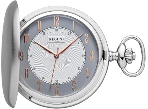 Regent Montre de poche homme Savonnette Couvercle pliable Chromé 50 MM Quartz Blanc Cadran Gris Chiffres arabes, P-728 Aiguilles en or rose/lisse mate, Classique