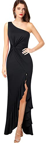 KOEMCY Vestito Donna Spalla Scoperta Abito Cocktail Orlo Volant Senza Maniche Casuale Lungo Sexy Tinta Unita