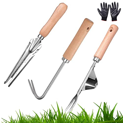 Mocoli Weeder de Mano de Jardín, 3 Piezas Cortamalas Hierbas,Extractor de Malas Hierbas, Escardador Herramientas con Guantes de Trabajo, Arrancador de Hierbas Manual para Escardar y Arrancar