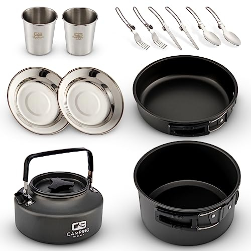 Camping in Black - Campinggeschirr Set - Kochgeschirr für 2 Personen aus Aluminium und Edelstahl