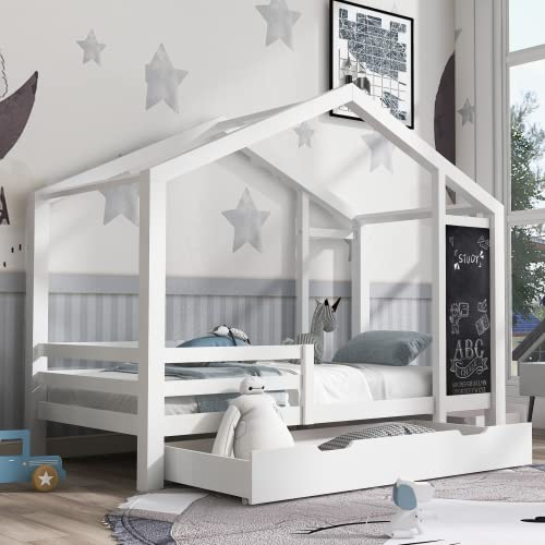 MYBOO Kinderbett Hausbett mit Rausfallschutz 90 x 200 cm, Holzbett mit Lattenrost und 2 Schubladen, Massivholz Einzelbett für Kinder und Jugendzimmer, Weiß