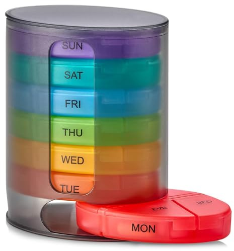 MEDca Pillendose, 1 Dosierer, 7 stapelbare mehrfarbige Fächer, viermal am Tag – Morgen, Mittags, Abend und Schlafenszeit, Schwarz