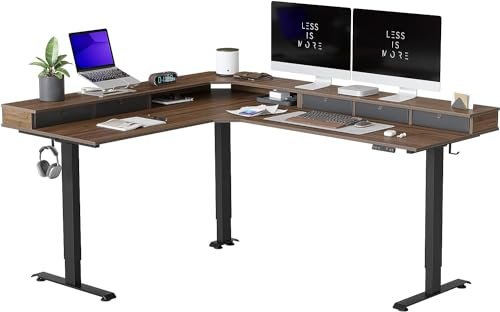 FEZIBO DREI Motoren Schreibtisch Höhenverstellbar Elektrisch mit 5 obere Schublade, L Form Stehpult, Links und rechts austauschbar, 190 x 160 cm, Schwarz Rahmen/Dunkler Walnuss Tischplatte