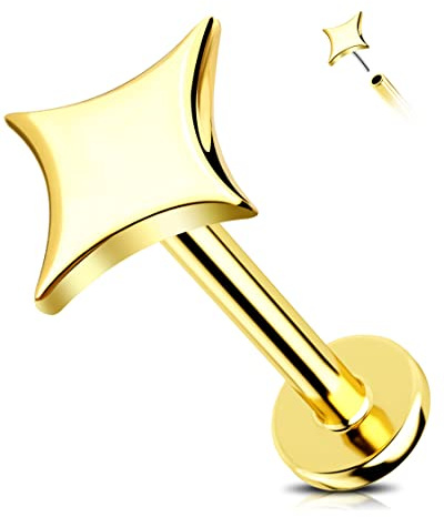 Jewseen 14K Solid Gold Threadless Stud - Stern Cartilage, Helix, Labret, Nase, Tragus Push-in Piercing Schmuck für Damen und Herren