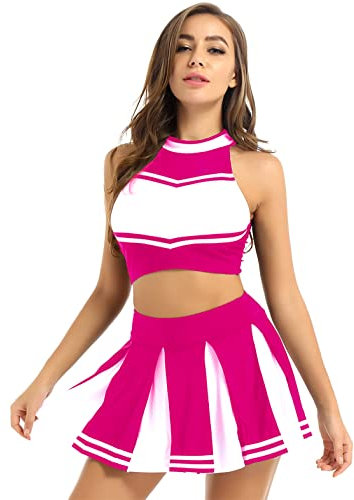 Jugaoge Damen Cheerleading Uniform Gestreift Crop Top und Faltenrock Sport Zweiteiler Tanz Kleidung Set Halloween Party Outfits Hot Pink S