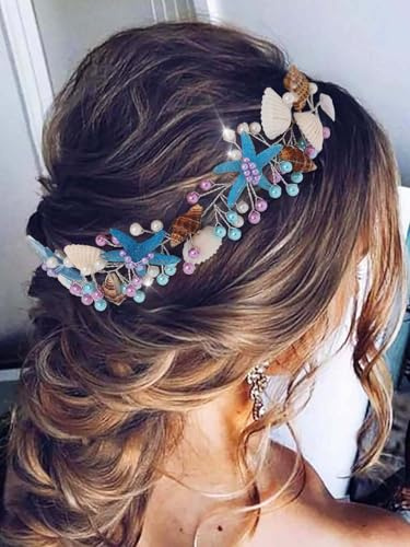 IYOU Seestern Braut Haarsträhne Blau Muschel Hochzeit Stirnband Perle Braut Brautjungfer Haarschmuck für Frauen