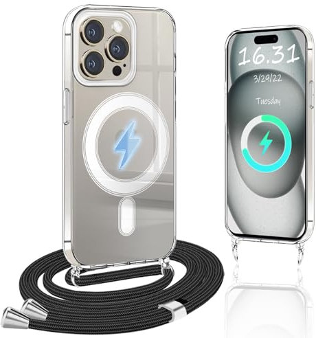 Magnetic Mobile Phone Chain Compatible with iPhone 15 Pro Max Case with Strap, Compatible with Magsafe, Transparent PC Protective Case for iPhone 15 Pro Max for Hanging, Slim, Shockproof Case with