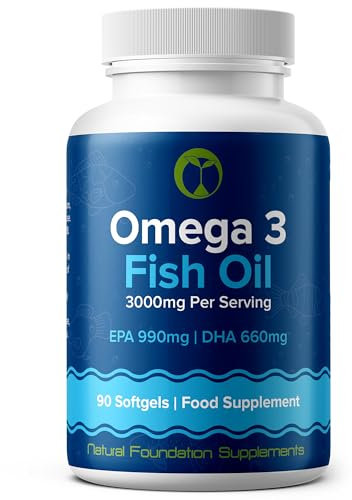 Omega 3 Fish Oil 3000mg Per Serving | 90 Softgel Capsules | EPA 990mg DHA 660mg Per Serving | Sustainably Sourced Made in The UK (90)