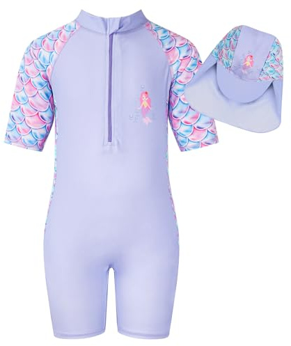 JiAmy Girls Swimming Costume Rash Guard with Swim Hat for Girls 4-12 Years