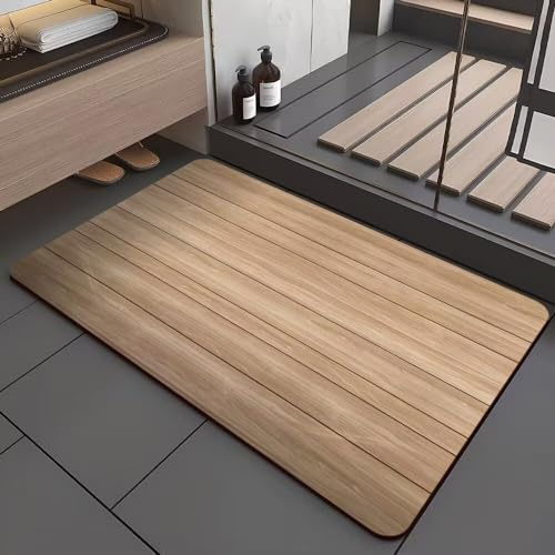 Badezimmerteppich 60X90Cm Holz Badteppich rutschfest Waschbar,Duschvorleger Schnelltrocknend,Stein Badematte,Diatomite Stone Bath Mat,Super Absorbierende Badvorleger