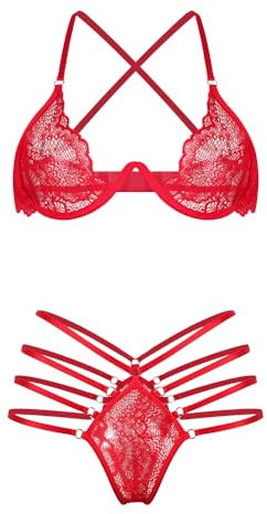 Satohom Women's Lace Lingerie Set Sexy Underwear 2 Pieces Set with Underwire Push up Bra Half Cup High Waisted Thong Set for Women Ladies Naughty See Through Nightwear Teddy Babydoll Red/Black S-XL