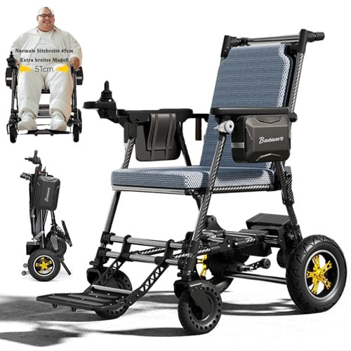 Bueuwe elektrische rollstühle,14,5 kg leicht,Kohlefaser, mit Fernsteuerung, 400W Motor, faltbar, stabil,150 kg Tragkraft, Stoßdämpfung – Ideal für Senioren & mobilitätseingeschränkte Persone,51cm