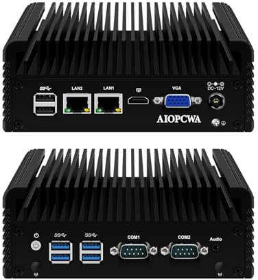 AIOPCWA Fanless Mini PC, Core i5 5200U Industrial Computer, 2 Port 2.5GbE i226V LAN, 2 × COM RS232 Serial Port, Barebone NO RAM NO SSD, Support WinOS, Linux, Wifi/BT, VGA, SIM slot