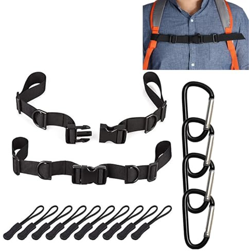 CLKE Rucksack Brustgurt Rucksack Gurt Ersatz Brustgurt Rucksack Rucksack-Riemen Brustclip Schulrucksack Verstellbarer Brustgurt 2X Verstellbare Brustschnalle 10x Reißverschluss-Schnur 4X D-Karabiner