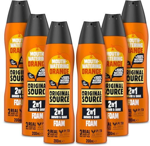 Original Source Orange 2 in 1 Shower and Shave Foam (Pack of 6)|100 Percent Natural Fragrance | Vegan, Cruelty Free, Paraben Free|Bulk Buy, 6 x 200ml