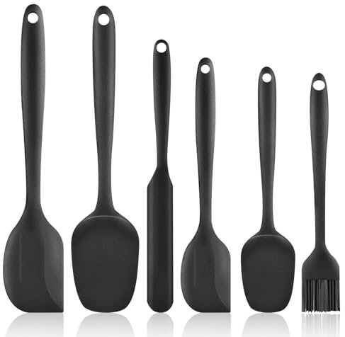 CJMUQHEHH Set di 6 spatole in silicone, spatola in silicone e raschietto da cucina, in gomma antiaderente con anima in acciaio inox, resistente al calore, spatola in silicone per cottura – nero
